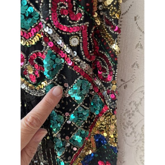 Oleg Cassini Black Tie Black Vintage 100% Silk Beaded Sequined 80s 90s Dress 10 - Picture 6 of 11